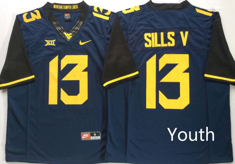 Youth West Virginia Mountaineers #13 Sills V Blue Nike NCAA Jerseys->ncaa teams->NCAA Jersey